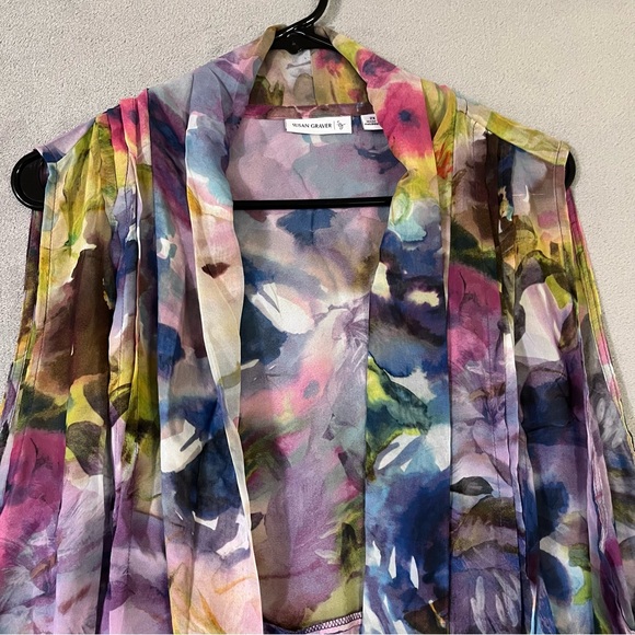 Susan Graver 2X Sleeveless Open Front Cardigan Vest Sheer Chiffon Floral - Picture 3 of 9